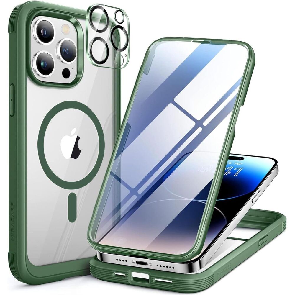 Miracase iPhone 14 Magnetic Case Acacia Green Built-In Screen Protector MagSafe
